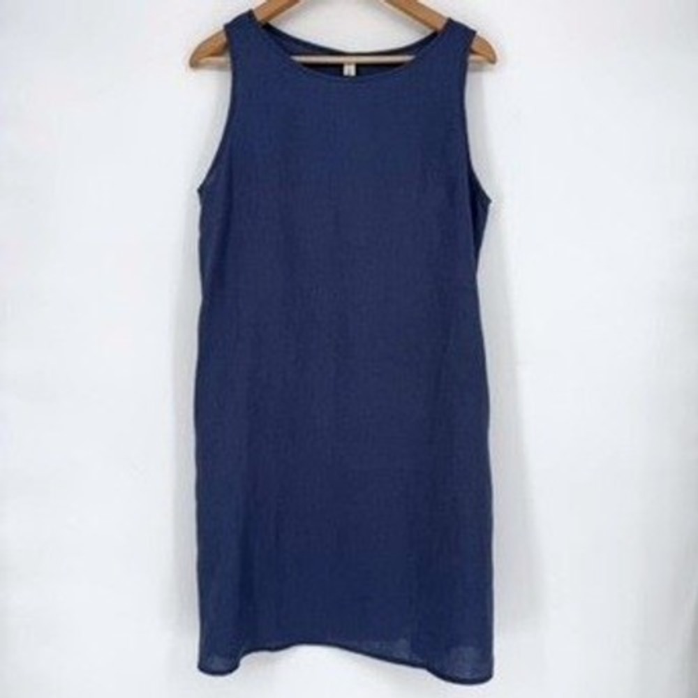 Navy Blue 100% Linen Sleeveless Shift Dress Medium Natural Fiber Minimalist
